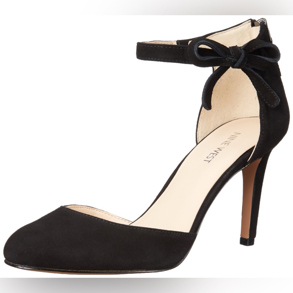 Nine West Black Suede Ankle Strap Bow Pump